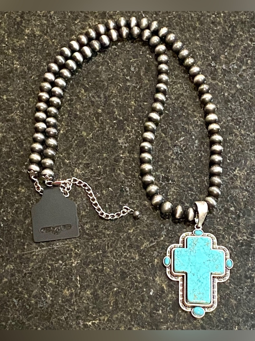Southwestern Faux Turquoise Cross Pearl Bead Necklace